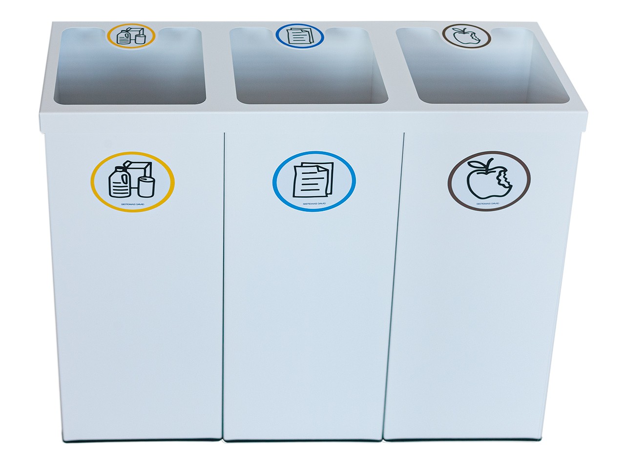 Papelera metálica blanca de reciclaje 3 residuos. Capacidad 132 litros  (Amarillo / Azul / Marrón) - Respira de compres al Ripollès