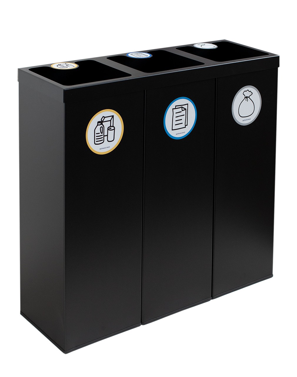 Papelera metálica negra de reciclaje 3 residuos. Capacidad 132 litros  (Amarillo / Azul / Gris) - Respira de compres al Ripollès