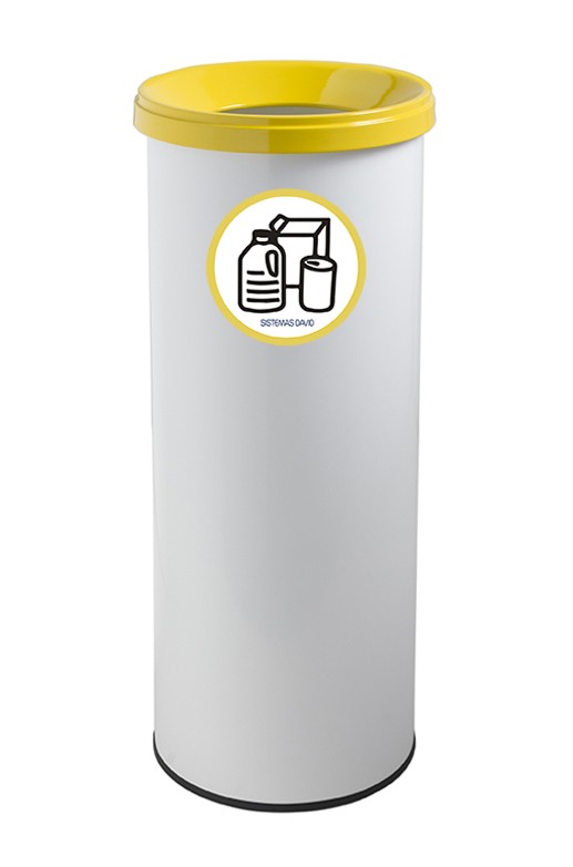 Papelera metálica de reciclaje blanca con tapa amarilla. Capacidad 35  litros - Respira de compres al Ripollès